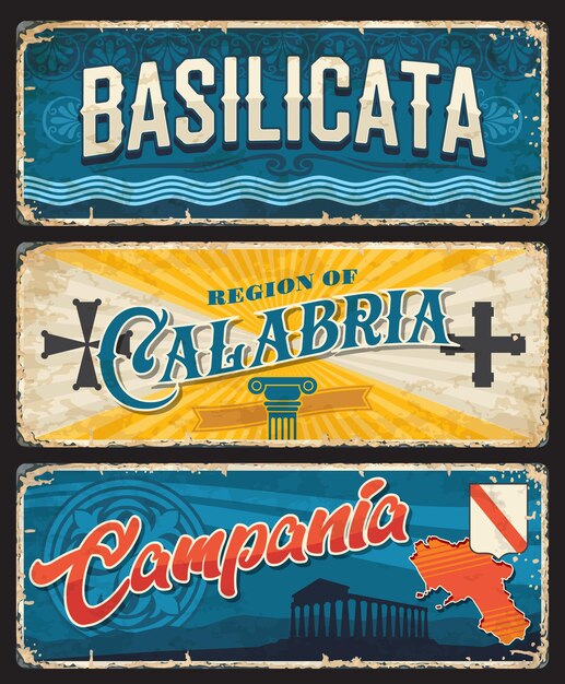 Basilicata, galabria, campânia placas vintage das regiões italianas. placas de vetor de destino de viagens itália, banners com mapa, arquitetura, pilar e cruzes. conjunto de letreiros ou cartões postais grunge