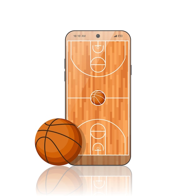 smartphone de desenho contínuo de uma linha com quadra de basquete e bola  de aplicativos. jogos de basquete online. aplicativos para smartphones.  basquete móvel. ilustração gráfica de vetor de desenho de desenho