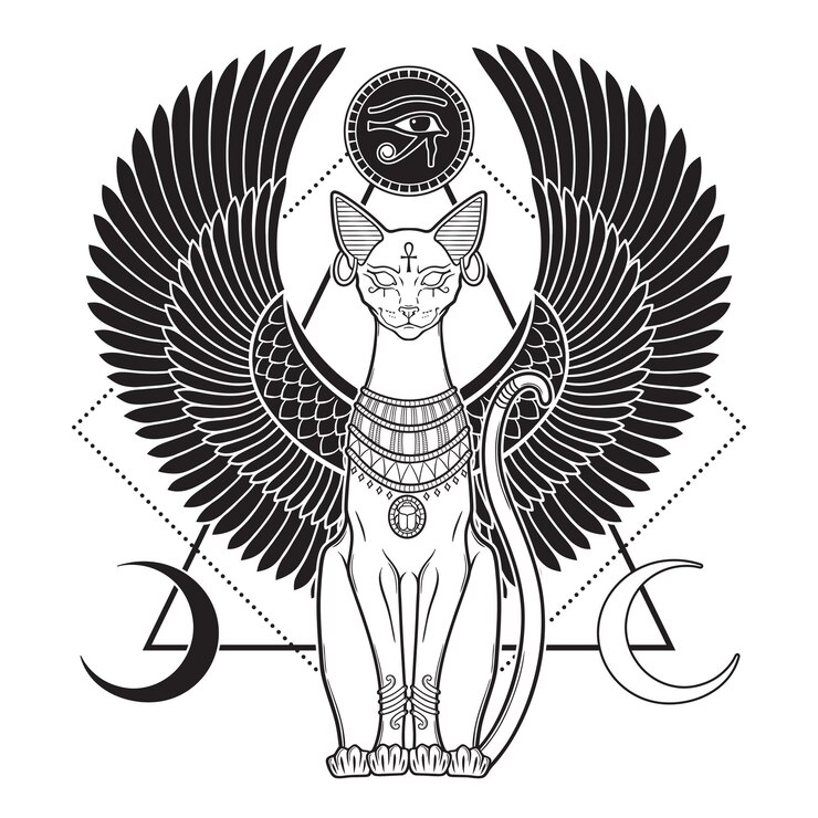 Vetor bastet ou bast antiga deusa egípcia esfinge gato em estilo gótico ilustração vetorial desenhada à mão