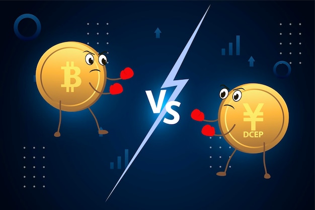 Batalha de moeda bitcoin vs DCEP digital yuan Luta de moedas digitais em um fundo estilizado