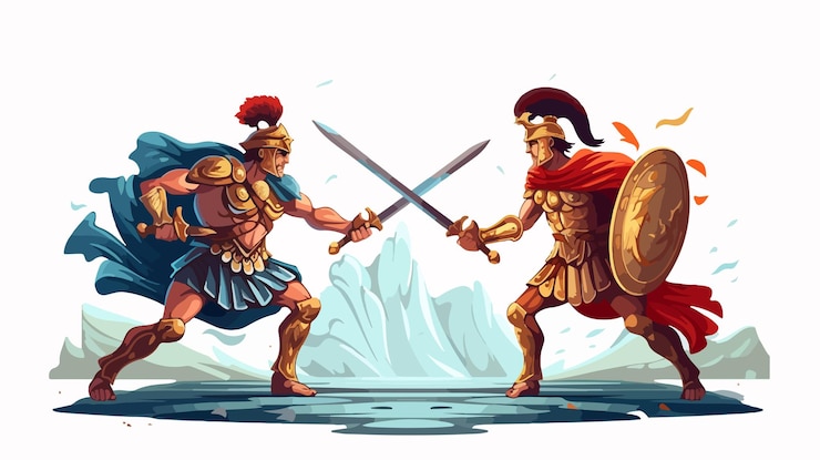 Vetor batalha entre os heróis mitológicos épicos aquiles e héctor em combate