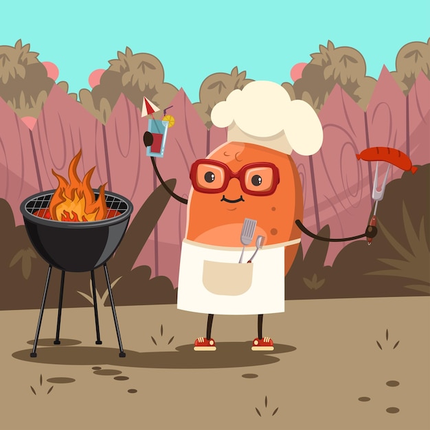 Batata engraçada em um chapéu de chef com churrasco Personagem bonito de desenho vetorial de um vegetal feliz com um coquetel e salsichas prepara uma grelha no churrasco no quintal