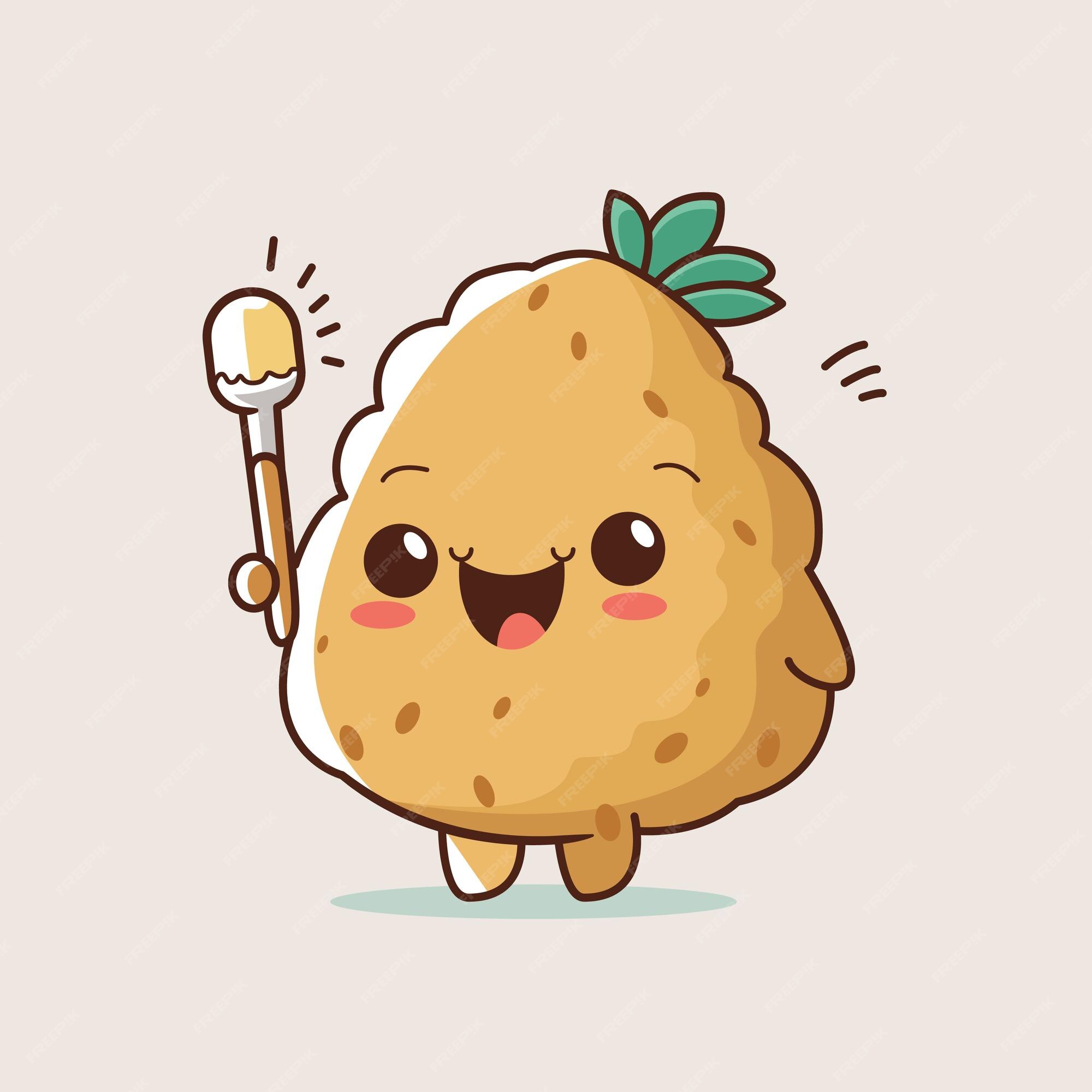 Batata kawaii fofa com um pincel na mão.