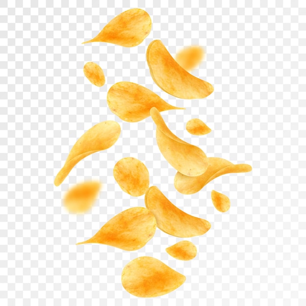 Batatas fritas crocantes voando e caindo de fundo vetorial realista Fatias finas e crocantes de vegetais de batata frita com sal e especiarias Cenário 3d de lanches e batatas fritas de fast food