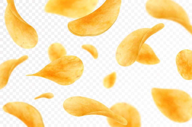 Batatas fritas crocantes voando e caindo de fundo vetorial realista Fatias finas e crocantes de vegetais de batata frita com sal e especiarias Cenário 3d de lanches e batatas fritas