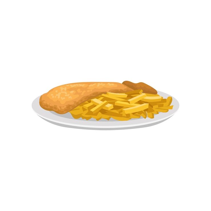 Vetor batatas fritas de peixe e batatas fritas na chapa branca prato tradicional da cozinha inglesa vetor plano para café de livro de receitas ou menu de restaurante