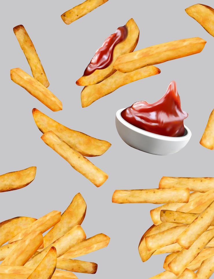Vetor batatas fritas e molho de ketchup em ilustração 3d