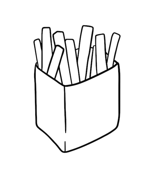 Batatas fritas em uma caixa frita de comida rápida, comida gordurosa, rabisco de desenhos animados lineares