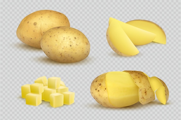 Batatas realistas. Fatias de comida vegetariana eco natural fresco de modelo de batatas.