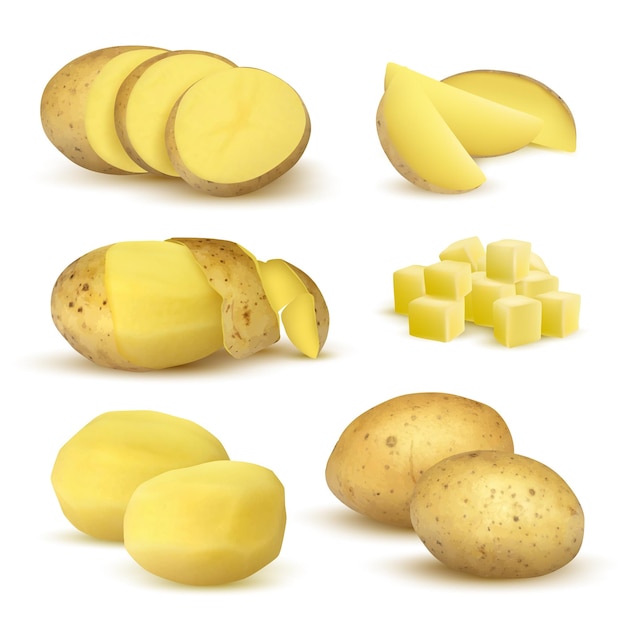 Batatas realistas. Vegetais de produtos naturais de mercearia vegetais fatiados frescos de alimentos ecológicos para conjunto vegetariano.