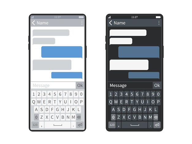 Vetor bate-papo no smartphone. teclado de tela preta ou branca do dispositivo móvel com aplicativo de mensagens, bolhas ou nuvens de mensagens, conjunto de modelos de vetor de envio de chatbot para mensagens sms