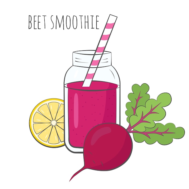 Batido de beterraba em pote com ilustração vetorial de ingredientes