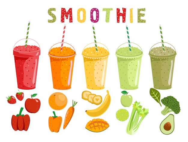 Vetor batido de frutas e legumes. smoothies de desenhos animados em um estilo. smoothie de laranja, morango, amora, banana e abacate. shake de frutas e legumes orgânicos. ilustração.