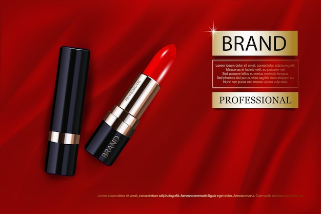 Batom vermelho em um fundo escarlate feito de tecido de seda com dobras suaves ilustração vetorial cosmética realista Batom para cartaz de publicidade de maquiagem feminina para uma revista
