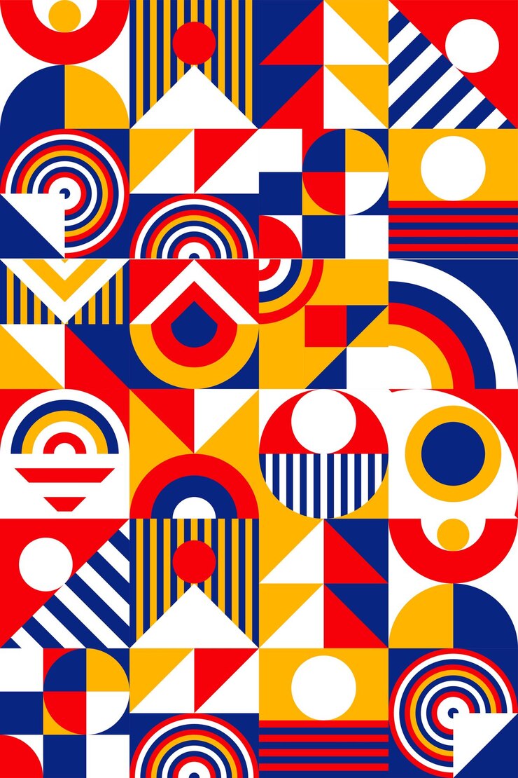 Bauhaus padrão mínimo 20s estilo de cor geométrica com figuras geométricas e formas círculo triângulo quadrado psicologia humana e conceito de saúde mental ilustração vetor 10 eps