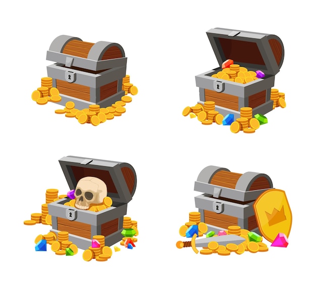 Baús abertos e fechados com ouro do tesouro