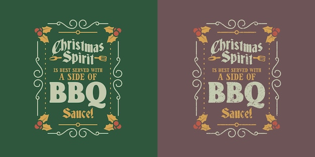 Bbq steak house pub grill espírito de natal t-shirt design retro vintage insignia desenhada à mão