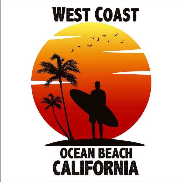 Beach california surf vector t shirt ilustração gráfica