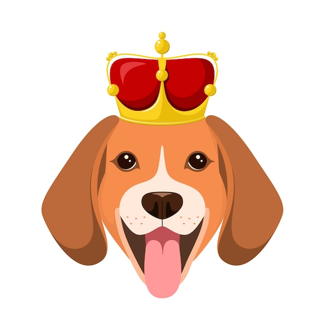 Beagle com uma coroa na cabeça em um fundo branco Desenho de desenho animado
