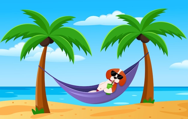Beagle de óculos encontra-se em uma rede na praia contra o pano de fundo do mar e palmeiras.