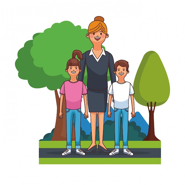 Vetor beauitful mãe executiva com menino e menina no design gráfico de ilustração vetorial de parque