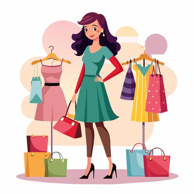 Vetor beautiful girl shopping fashion cloths ilustração de visão de corpo inteiro