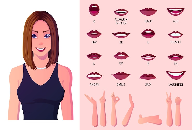 Vetor beautiful woman mouth animation e lip sync creation pack. mulher que desgasta o vestido azul premium.