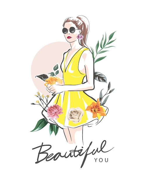 Beautiful you slogan com ilustração de flores coloridas e mão desenhada de menina