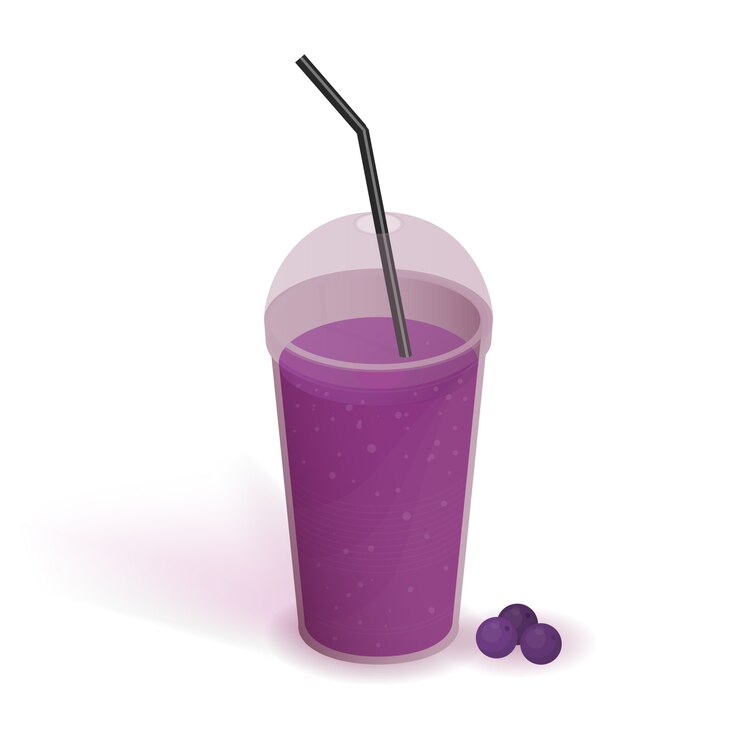 Vetor beba em copo de plástico transparente com tampa e palha. batido com mirtilo. bebida, ilustração realista sobre fundo branco.