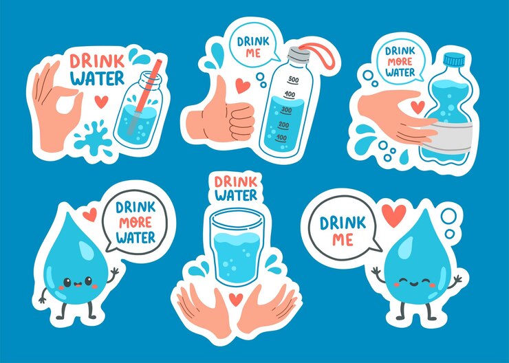 Beba mais etiqueta de água definindo ilustração vetorial de design plano