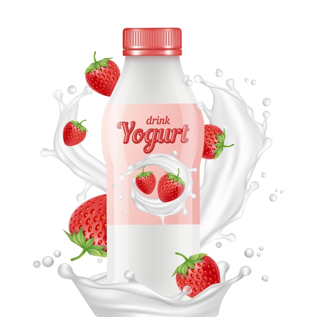 Vetor beba uma garrafa realista de iogurte, salpicos de leite e morangos isolados no fundo branco. ilustração de iogurte natural, leite branco com frutas