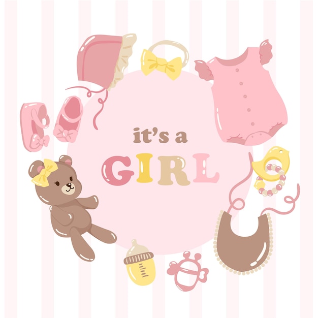 bebê chuveiro cartão design definir quadro elementos de coisas de bebê para menina vetor rosa e amarelo