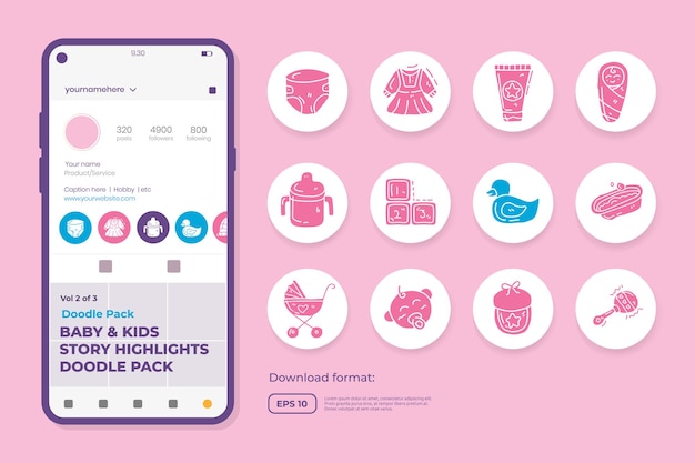 Bebê e crianças cuidam de ícones de doodle para recém-nascidos com brinquedos, comida, acessórios. símbolo de sinal definido para mídia social destaque