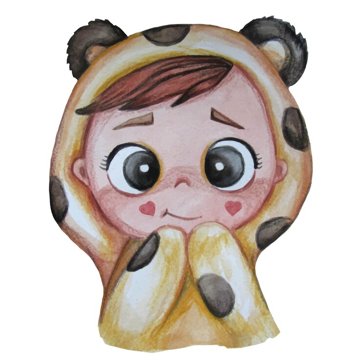Vetor bebê engraçado fofo em pijama kigurumi aconchegante com orelhas ursinho branco com manchas pretas aquarela
