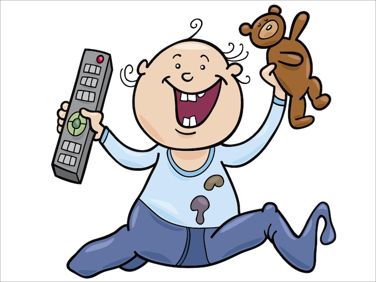 Vetor bebê feliz com o remote e o teddy