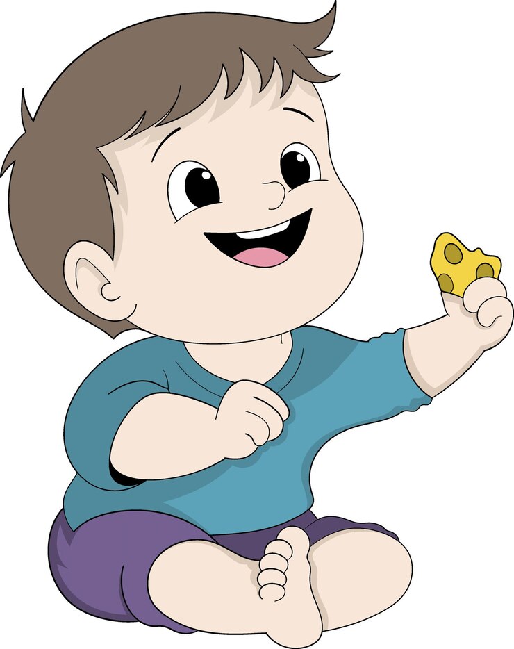 Vetor bebê feliz segurando um pequeno pedaço de queijo no estilo de desenho animado