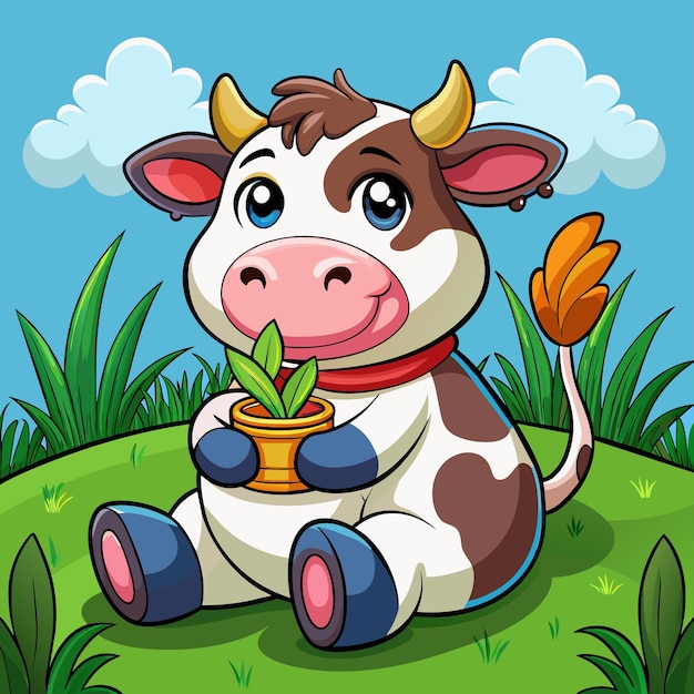Vetor bebê feliz vaca engraçada sorridente mascote desenhado à mão personagem de desenho animado adesivo ícone conceito isolado