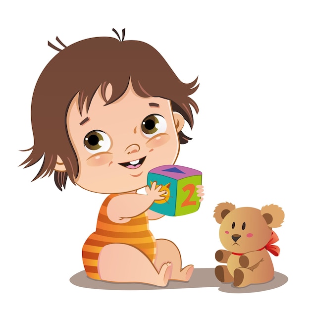 Bebê fofo brincando com ilustração vetorial de brinquedos