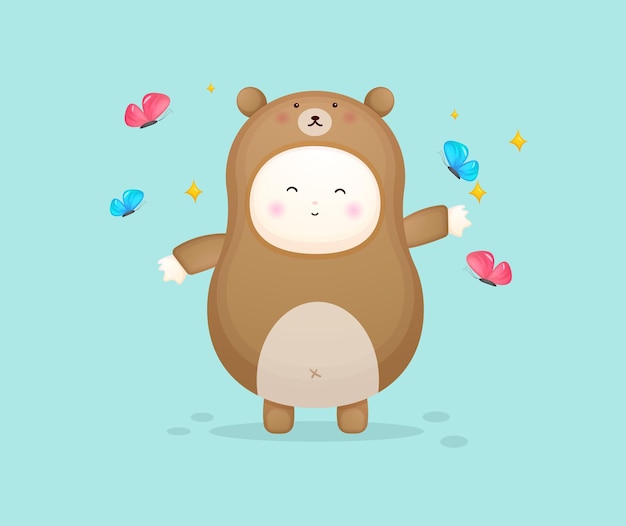 Bebê fofo com fantasia de urso, brincando com a borboleta. ilustração de desenho de mascote premium vector