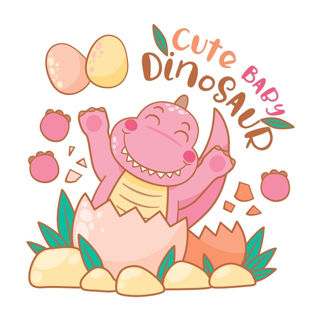 Vetor bebê fofo dinossauro rosa pouco dino chocando com ilustração vetorial de rosto feliz