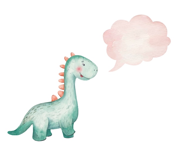 Vetor bebê fofo dinossauro verde sorrindo e ícone do pensamento, nuvem, aquarela de ilustração infantil