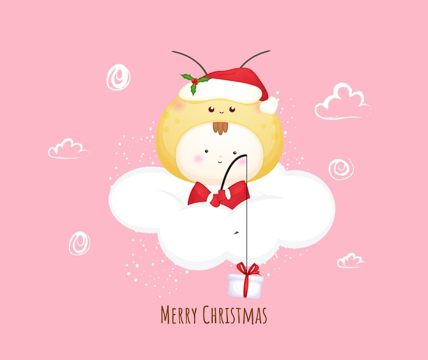 Bebê fofo papai noel na nuvem para ilustração de feliz natal premium vector