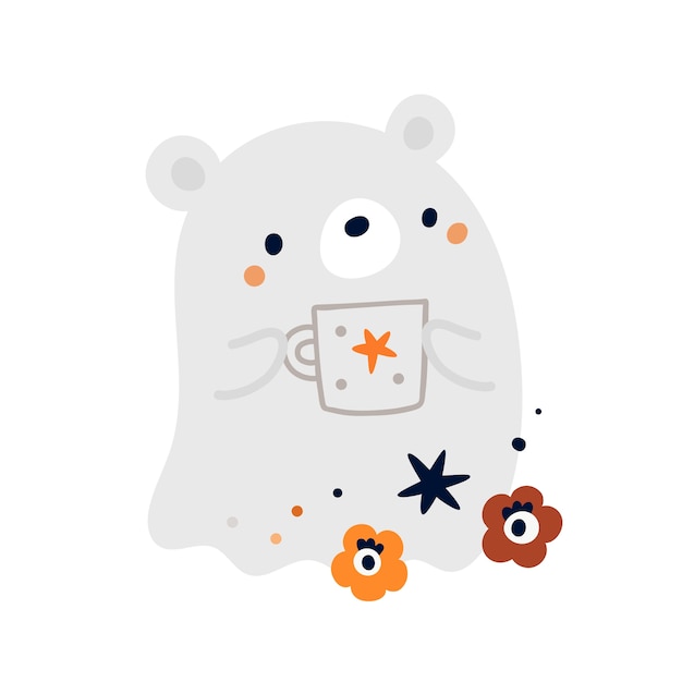 Bebê fofo urso fantasma com uma xícara de café. estampa fofa para feliz festa de halloween