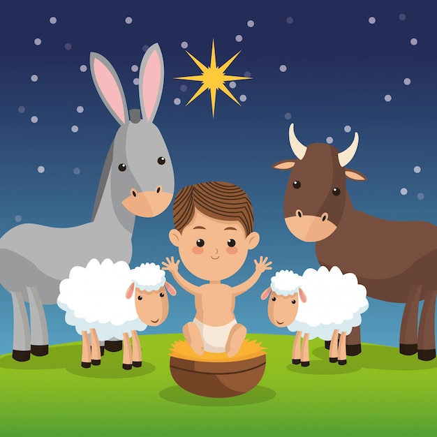 Bebê jesus com ícone de animais de fazenda durante o fundo da noite