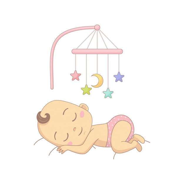 Bebê nu bonito em uma fralda, deitada na cama e se divertindo com carrossel de brinquedo, personagem de desenho animado colorido.