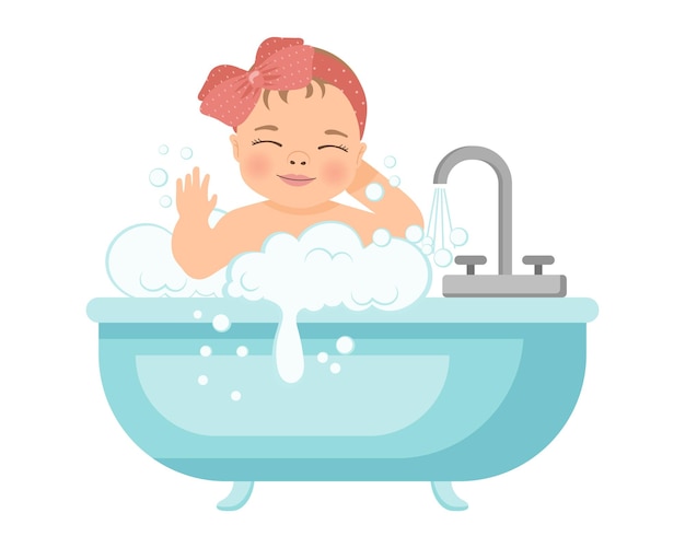 Bebê numa banheira com espuma Ilustração de banho de bebê Design de produtos de higiene infantil