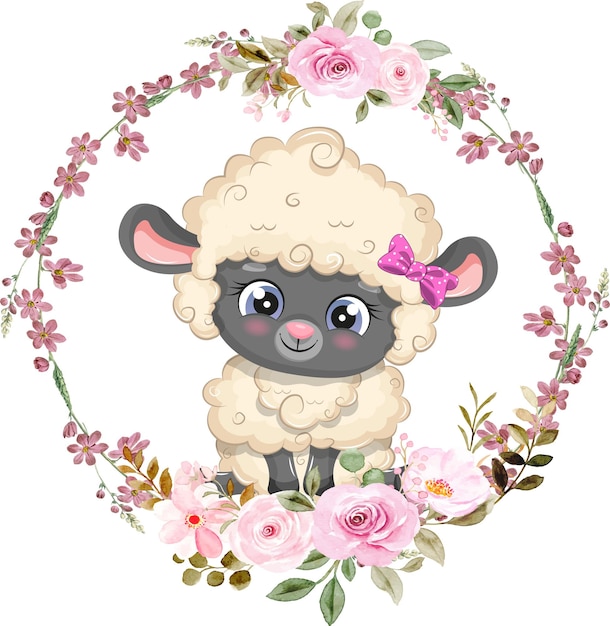 Bebê ovelha fofo com guirlanda de flores