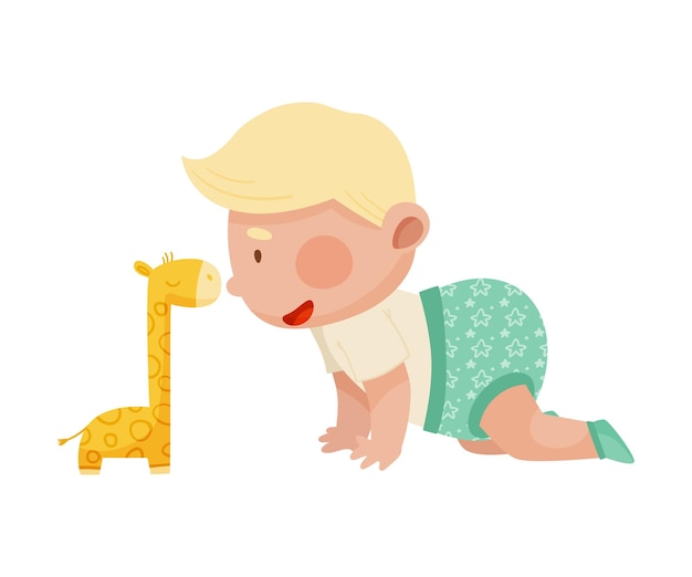 Vetor bebê rastejando no chão com sua girafa de brinquedo recheada ilustração vetorial