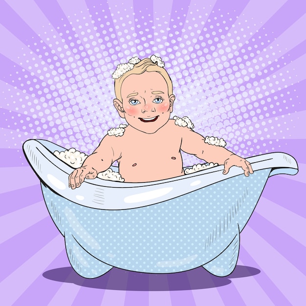 Vetor bebê rindo tomando banho com bolhas de espuma