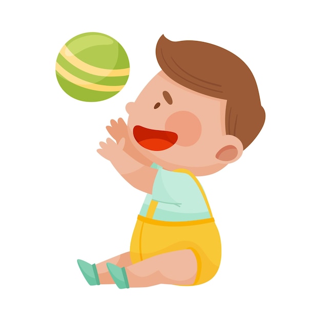 Bebê sentado no chão e jogando bola no ar ilustração vetorial